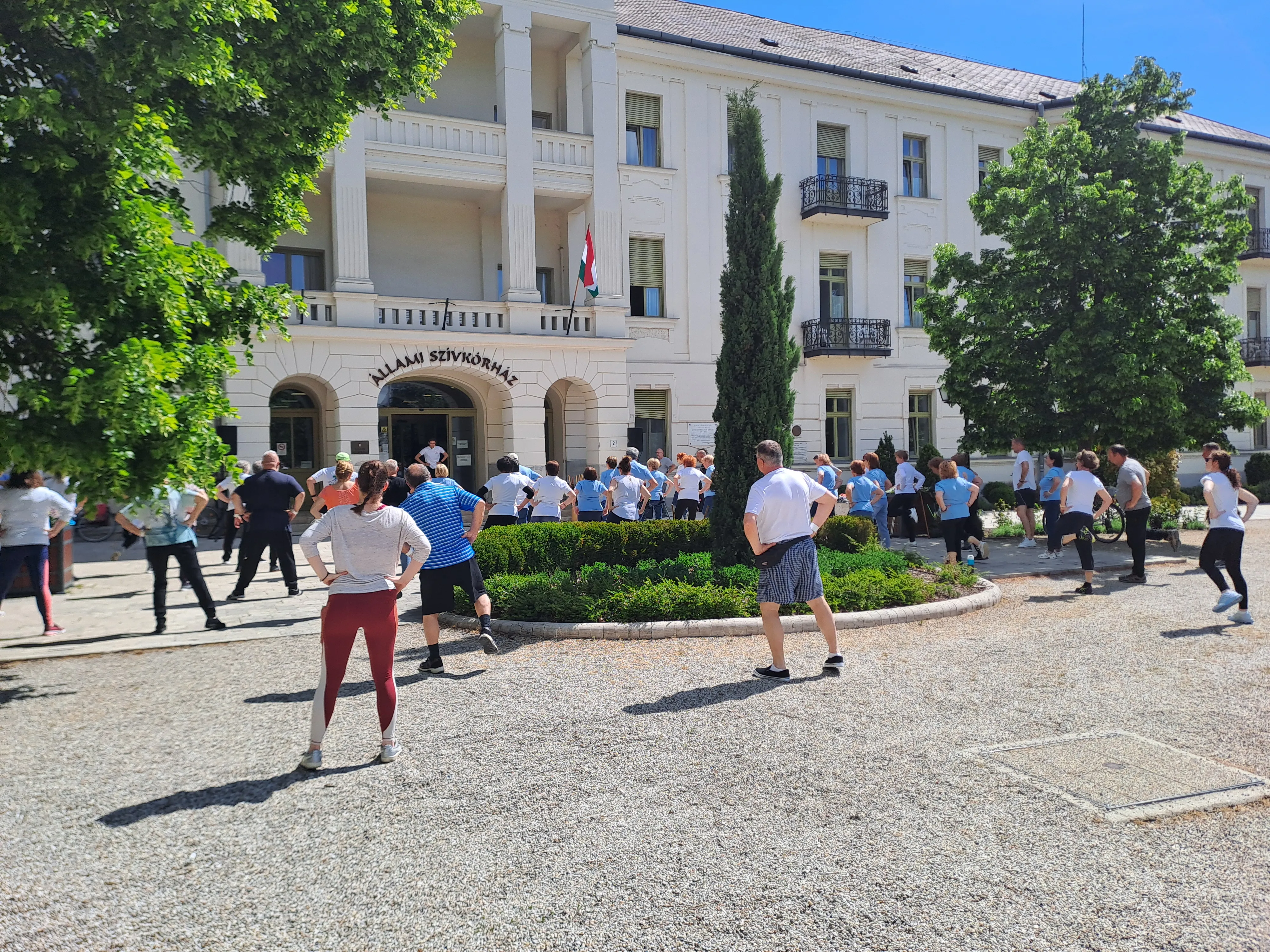 A Szívkórház bejáratával szemben álló csípőre tett, fél lábukat emelő emberek, középen egy tujával.