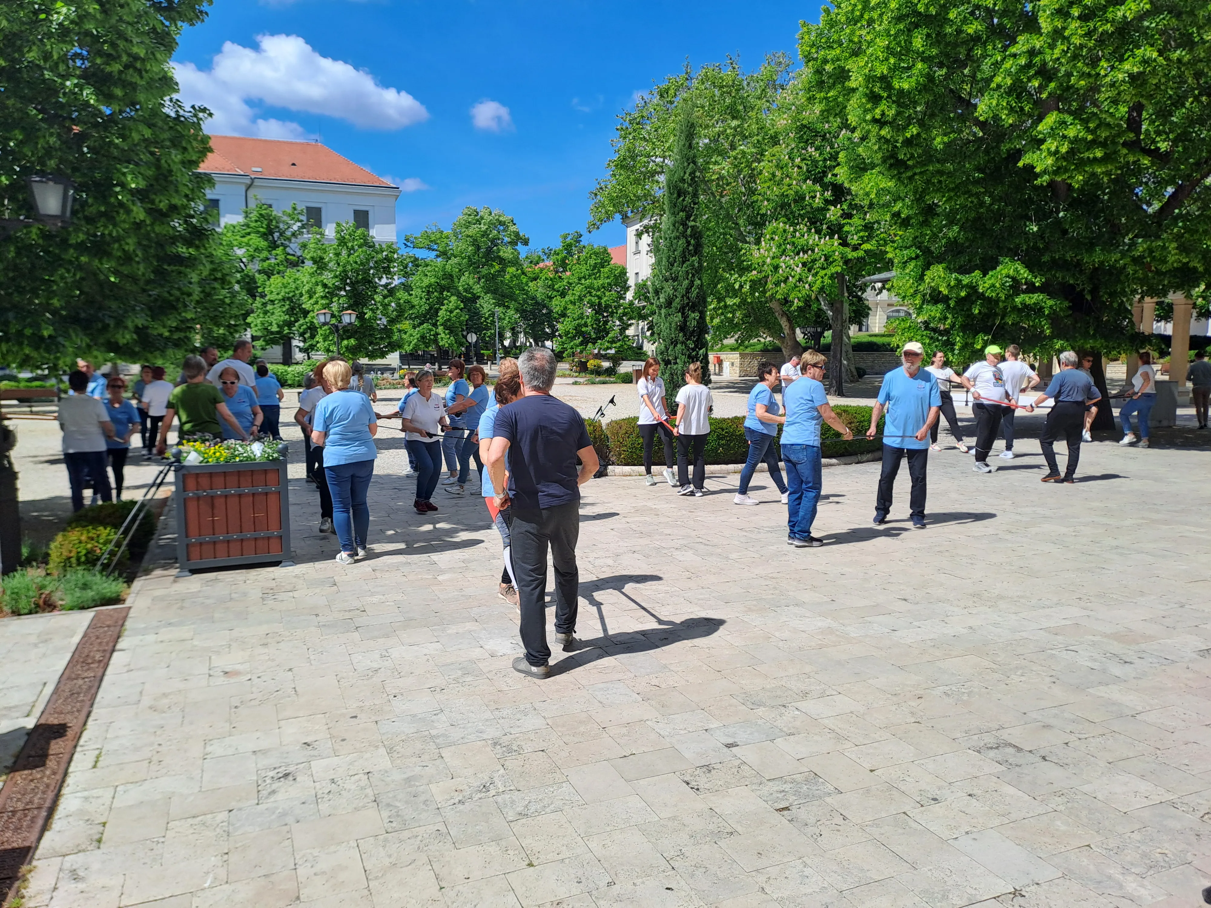 Egy másik oldalról készült kép, ahol a csoport többi része látszik a párban álló tornabotos emberek. A háttérben a fák, a fák felett kilátszó fehér épület cseréptetővel és a kék ég.